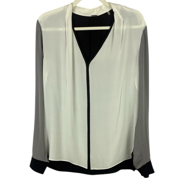 Elie Tahari 100% Silk Elegant Black White Black & Gray V-Neck Blouse Size Medium - Picture 1 of 13